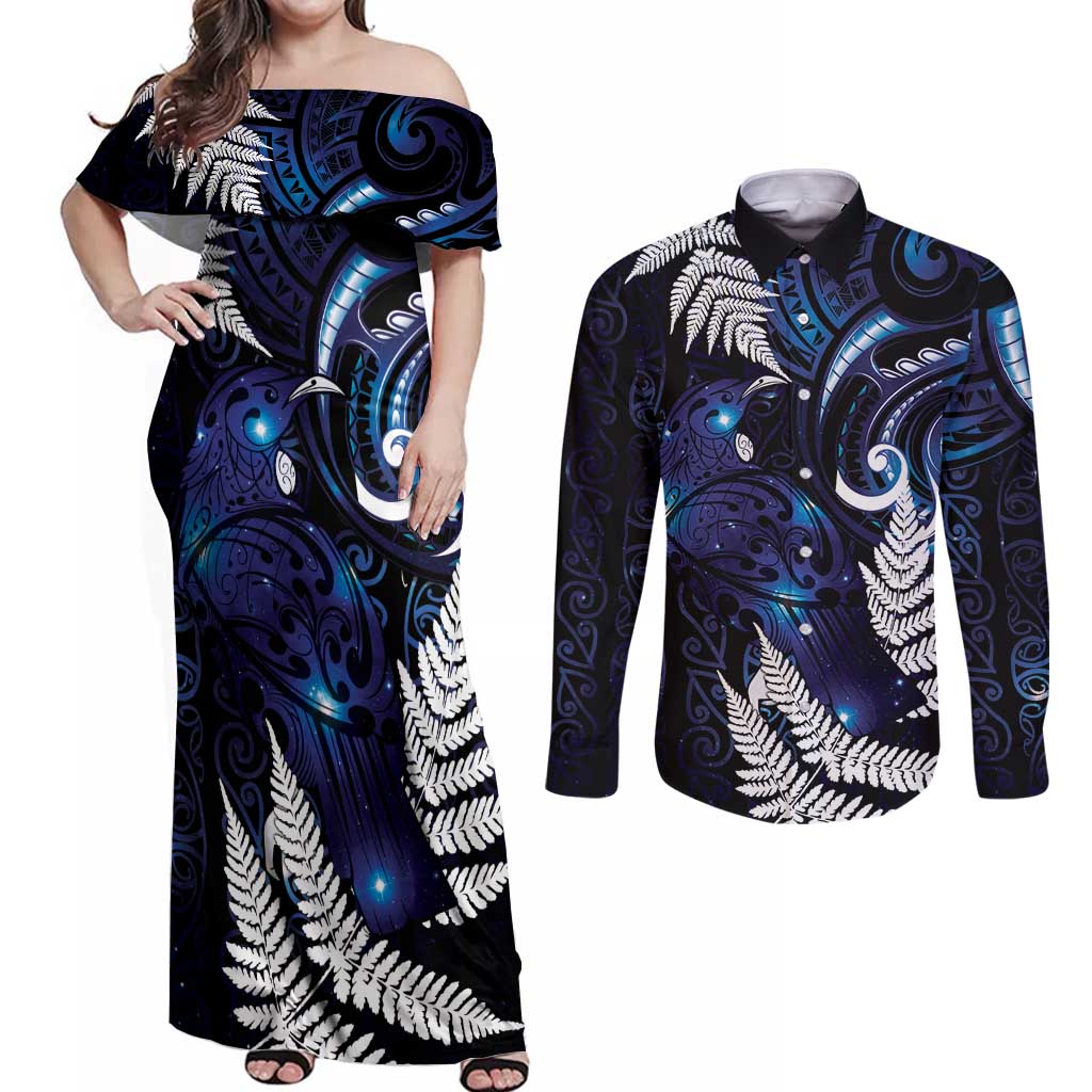 New Zealand Maori Matariki Couples Matching Off Shoulder Maxi Dress and Long Sleeve Button Shirt Tui Bird Galaxy LT7 Galaxy - Polynesian Pride