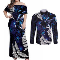 New Zealand Maori Matariki Couples Matching Off Shoulder Maxi Dress and Long Sleeve Button Shirt Tui Bird Galaxy LT7 Galaxy - Polynesian Pride