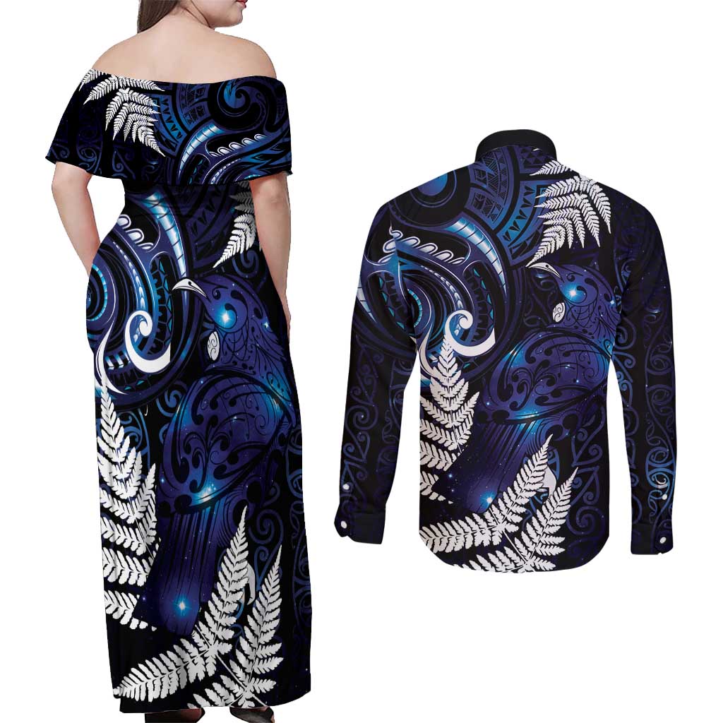 New Zealand Maori Matariki Couples Matching Off Shoulder Maxi Dress and Long Sleeve Button Shirt Tui Bird Galaxy LT7 - Polynesian Pride