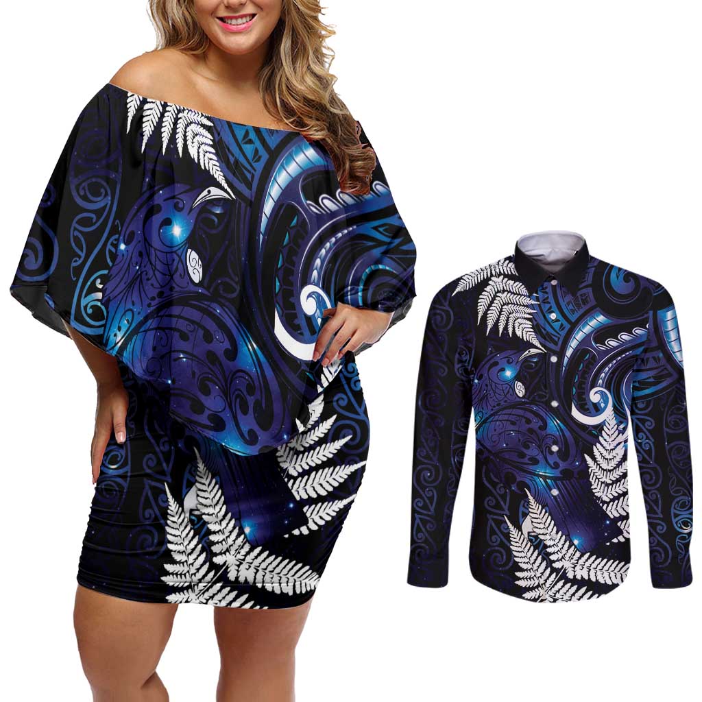 New Zealand Maori Matariki Couples Matching Off Shoulder Short Dress and Long Sleeve Button Shirt Tui Bird Galaxy LT7 Galaxy - Polynesian Pride