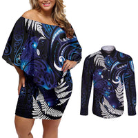 New Zealand Maori Matariki Couples Matching Off Shoulder Short Dress and Long Sleeve Button Shirt Tui Bird Galaxy LT7 Galaxy - Polynesian Pride