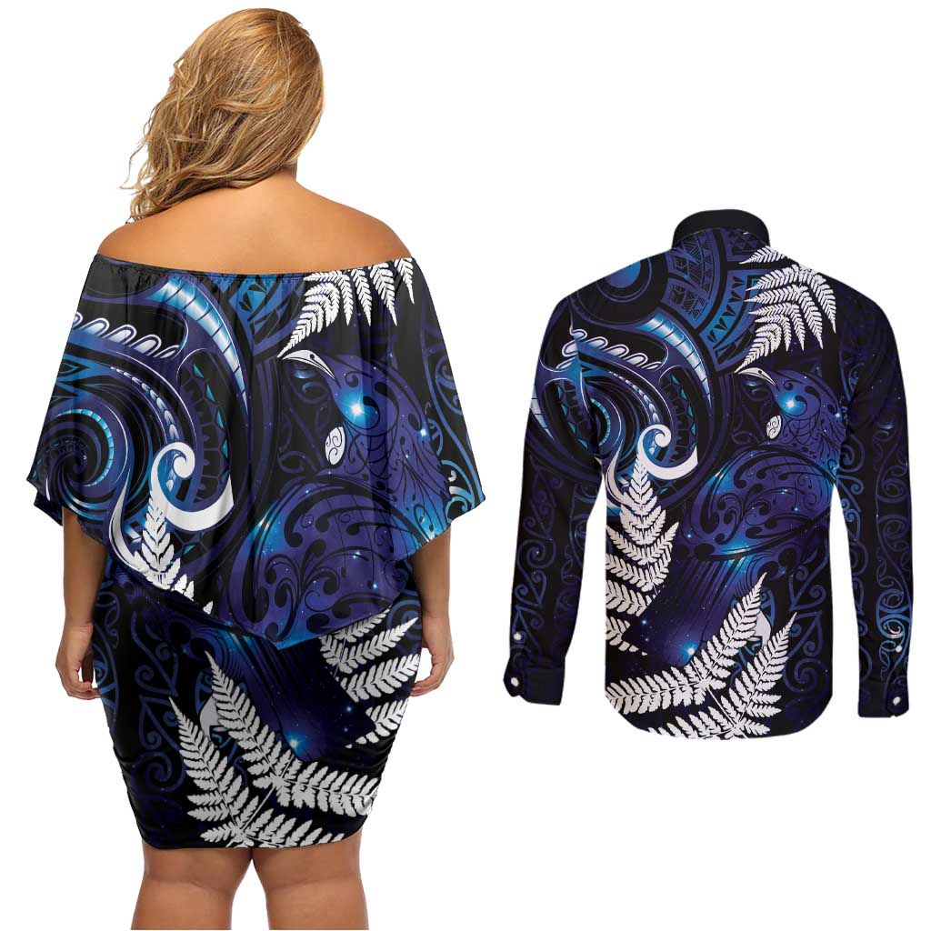 New Zealand Maori Matariki Couples Matching Off Shoulder Short Dress and Long Sleeve Button Shirt Tui Bird Galaxy LT7 - Polynesian Pride