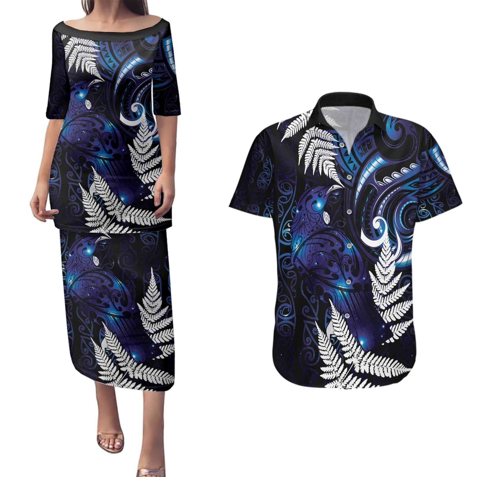 New Zealand Maori Matariki Couples Matching Puletasi and Hawaiian Shirt Tui Bird Galaxy