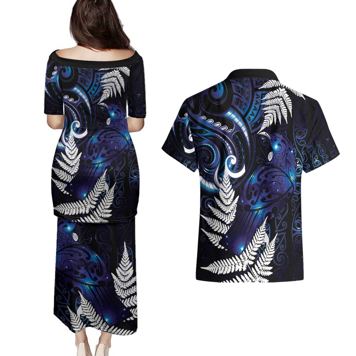 New Zealand Maori Matariki Couples Matching Puletasi and Hawaiian Shirt Tui Bird Galaxy LT7 - Polynesian Pride