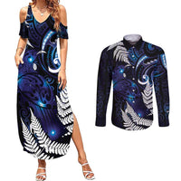 New Zealand Maori Matariki Couples Matching Summer Maxi Dress and Long Sleeve Button Shirt Tui Bird Galaxy LT7 Galaxy - Polynesian Pride