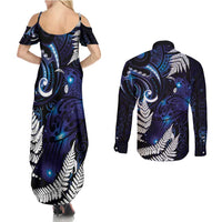 New Zealand Maori Matariki Couples Matching Summer Maxi Dress and Long Sleeve Button Shirt Tui Bird Galaxy LT7 - Polynesian Pride