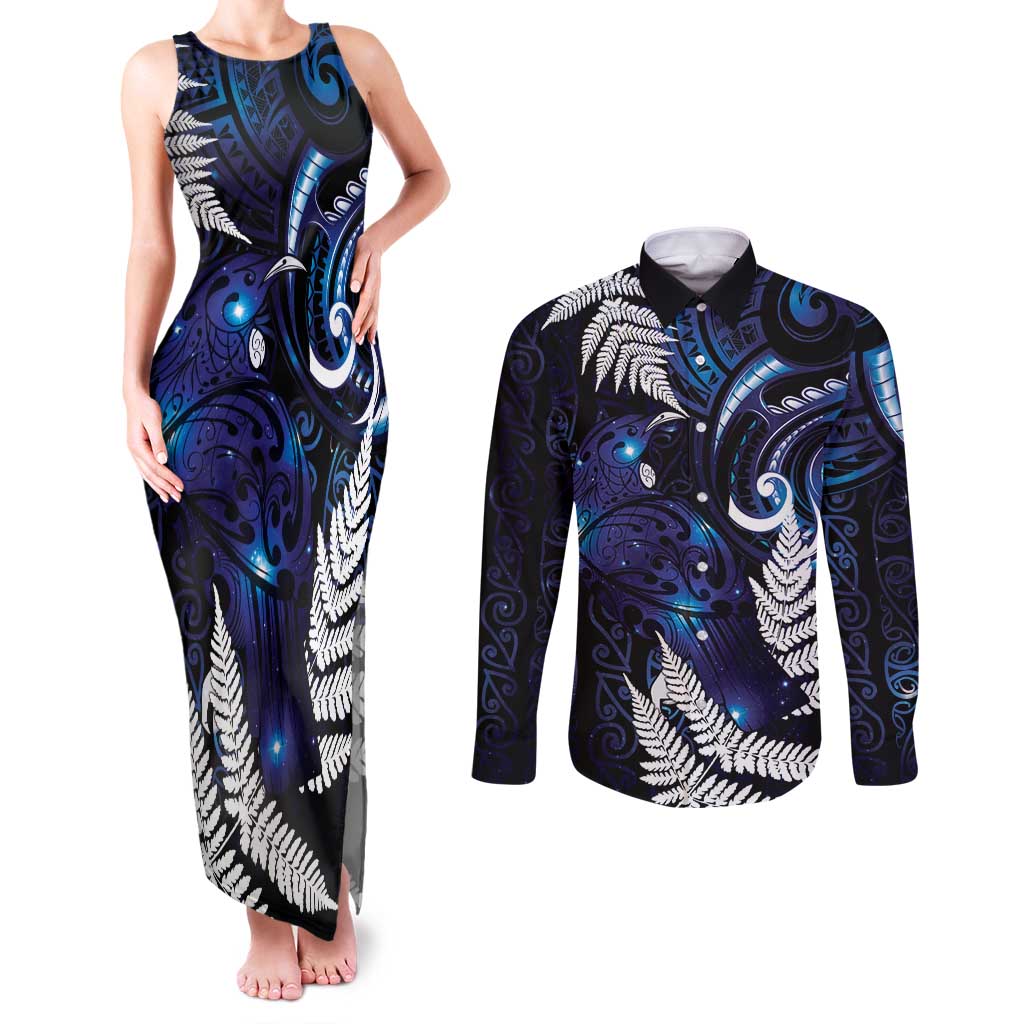 New Zealand Maori Matariki Couples Matching Tank Maxi Dress and Long Sleeve Button Shirt Tui Bird Galaxy LT7 Galaxy - Polynesian Pride