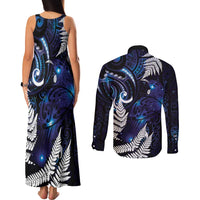 New Zealand Maori Matariki Couples Matching Tank Maxi Dress and Long Sleeve Button Shirt Tui Bird Galaxy LT7 - Polynesian Pride