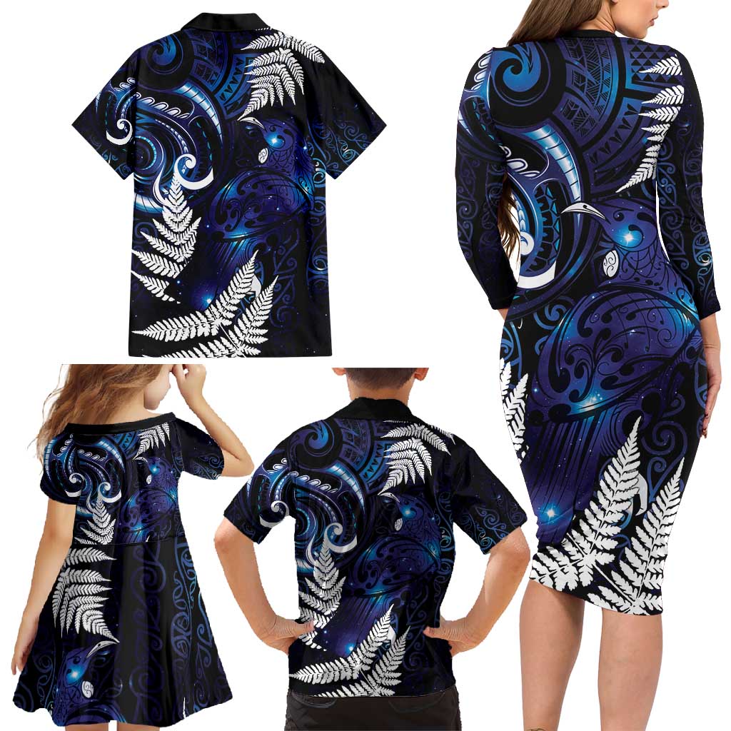 New Zealand Maori Matariki Family Matching Long Sleeve Bodycon Dress and Hawaiian Shirt Tui Bird Galaxy LT7 - Polynesian Pride