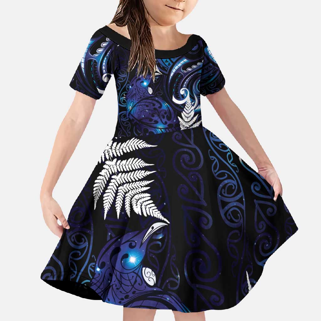 New Zealand Maori Matariki Family Matching Off Shoulder Maxi Dress and Hawaiian Shirt Tui Bird Galaxy LT7 Daughter's Dress Galaxy - Polynesian Pride