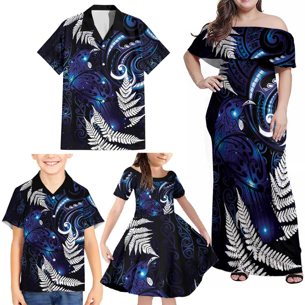 New Zealand Maori Matariki Family Matching Off Shoulder Maxi Dress and Hawaiian Shirt Tui Bird Galaxy