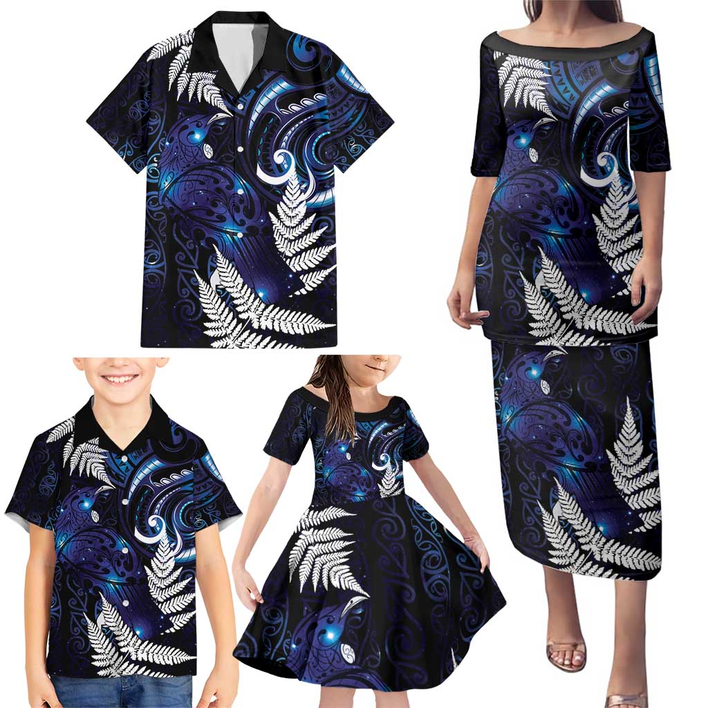New Zealand Maori Matariki Family Matching Puletasi and Hawaiian Shirt Tui Bird Galaxy LT7 - Polynesian Pride
