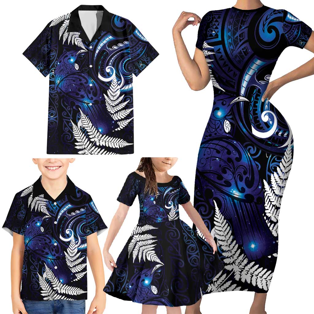 New Zealand Maori Matariki Family Matching Short Sleeve Bodycon Dress and Hawaiian Shirt Tui Bird Galaxy LT7 - Polynesian Pride