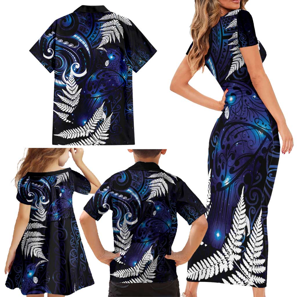 New Zealand Maori Matariki Family Matching Short Sleeve Bodycon Dress and Hawaiian Shirt Tui Bird Galaxy LT7 - Polynesian Pride