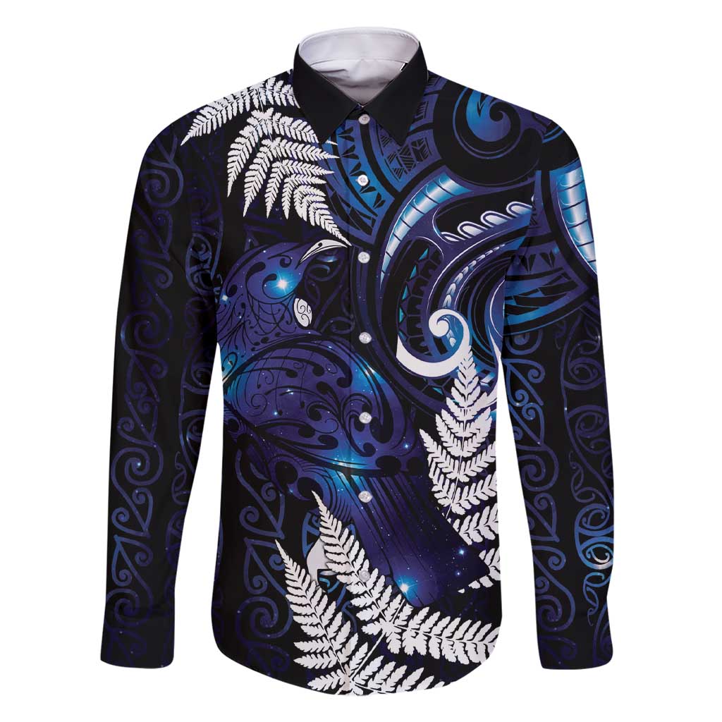 New Zealand Maori Matariki Family Matching Short Sleeve Bodycon Dress and Hawaiian Shirt Tui Bird Galaxy LT7 Dad's Shirt - Long Sleeve Galaxy - Polynesian Pride