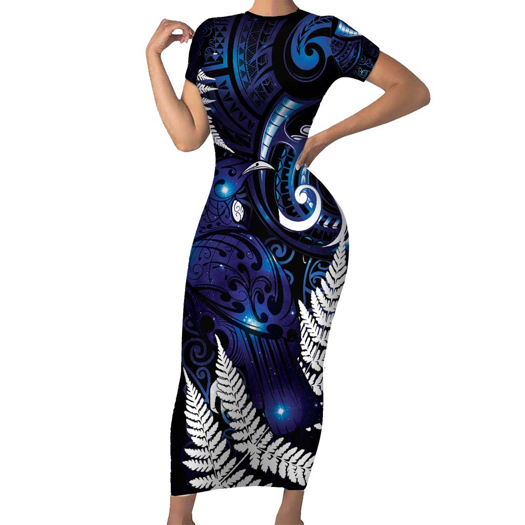 New Zealand Maori Matariki Family Matching Short Sleeve Bodycon Dress and Hawaiian Shirt Tui Bird Galaxy LT7 Mom's Dress Galaxy - Polynesian Pride