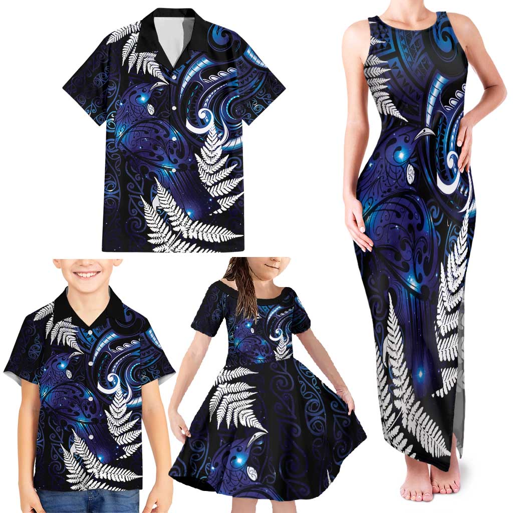 New Zealand Maori Matariki Family Matching Tank Maxi Dress and Hawaiian Shirt Tui Bird Galaxy LT7 - Polynesian Pride