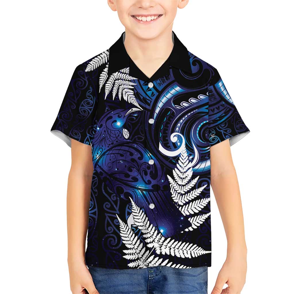 New Zealand Maori Matariki Kid Hawaiian Shirt Tui Bird Galaxy