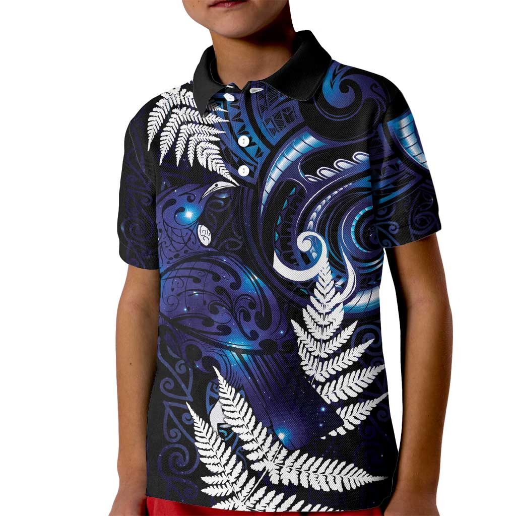 New Zealand Maori Matariki Kid Polo Shirt Tui Bird Galaxy LT7 Kid Galaxy - Polynesian Pride