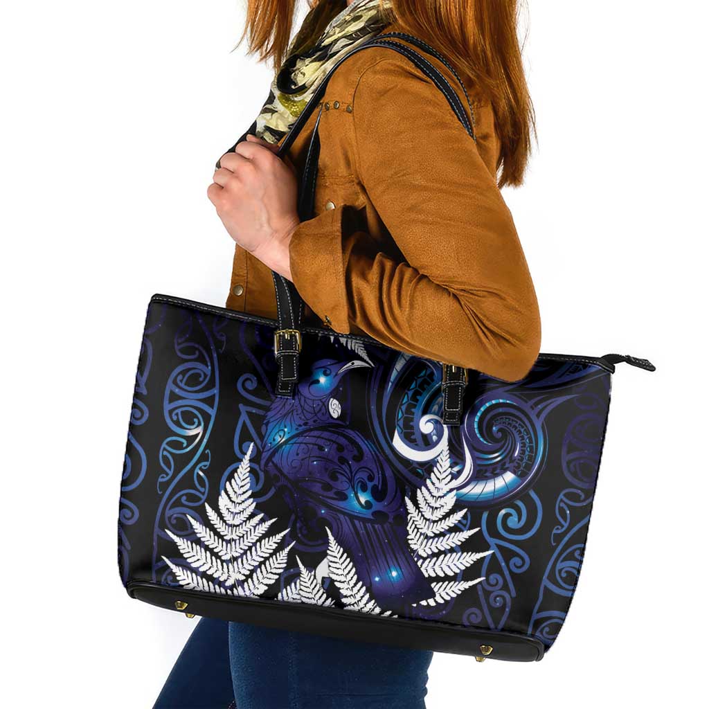 New Zealand Maori Matariki Leather Tote Bag Tui Bird Galaxy