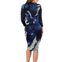 New Zealand Maori Matariki Long Sleeve Bodycon Dress Tui Bird Galaxy LT7 - Polynesian Pride