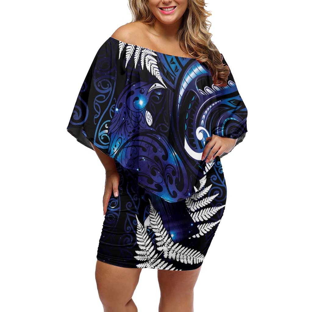 New Zealand Maori Matariki Off Shoulder Short Dress Tui Bird Galaxy