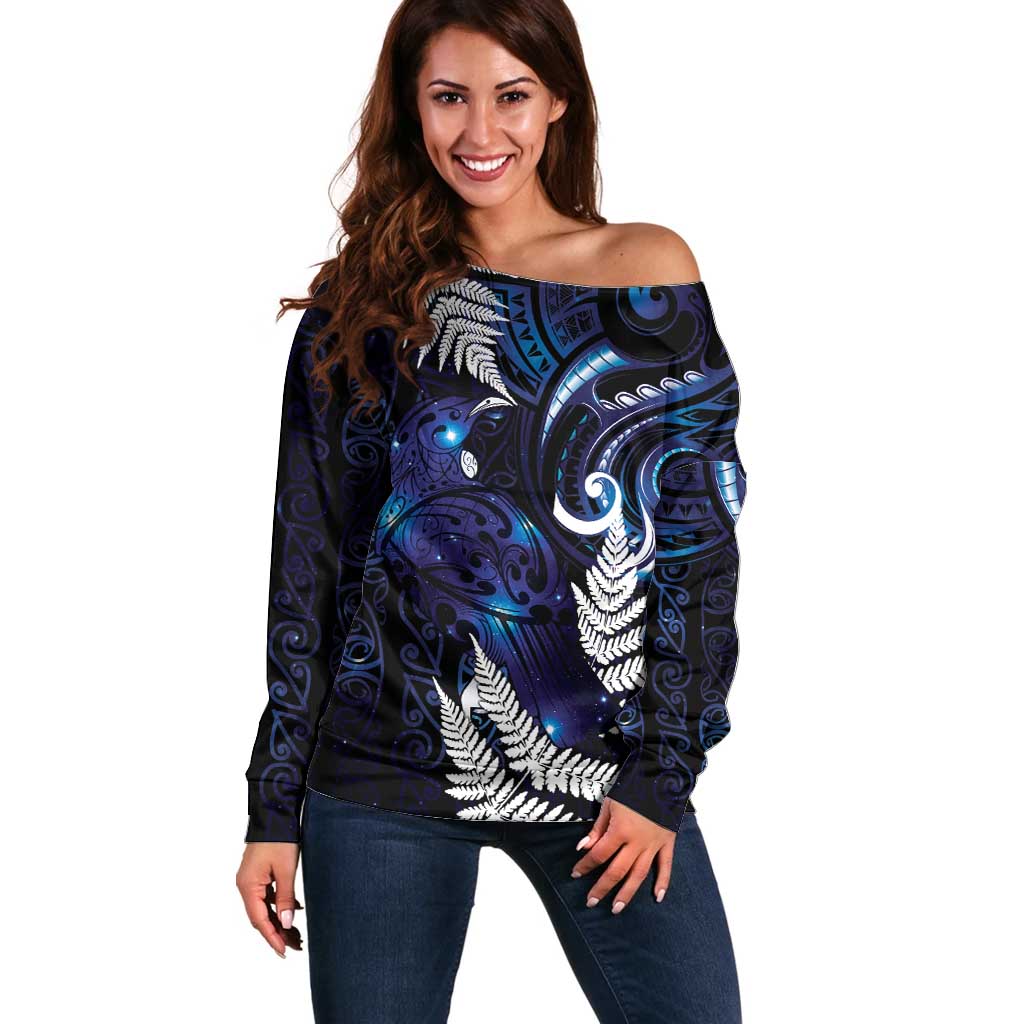 New Zealand Maori Matariki Off Shoulder Sweater Tui Bird Galaxy