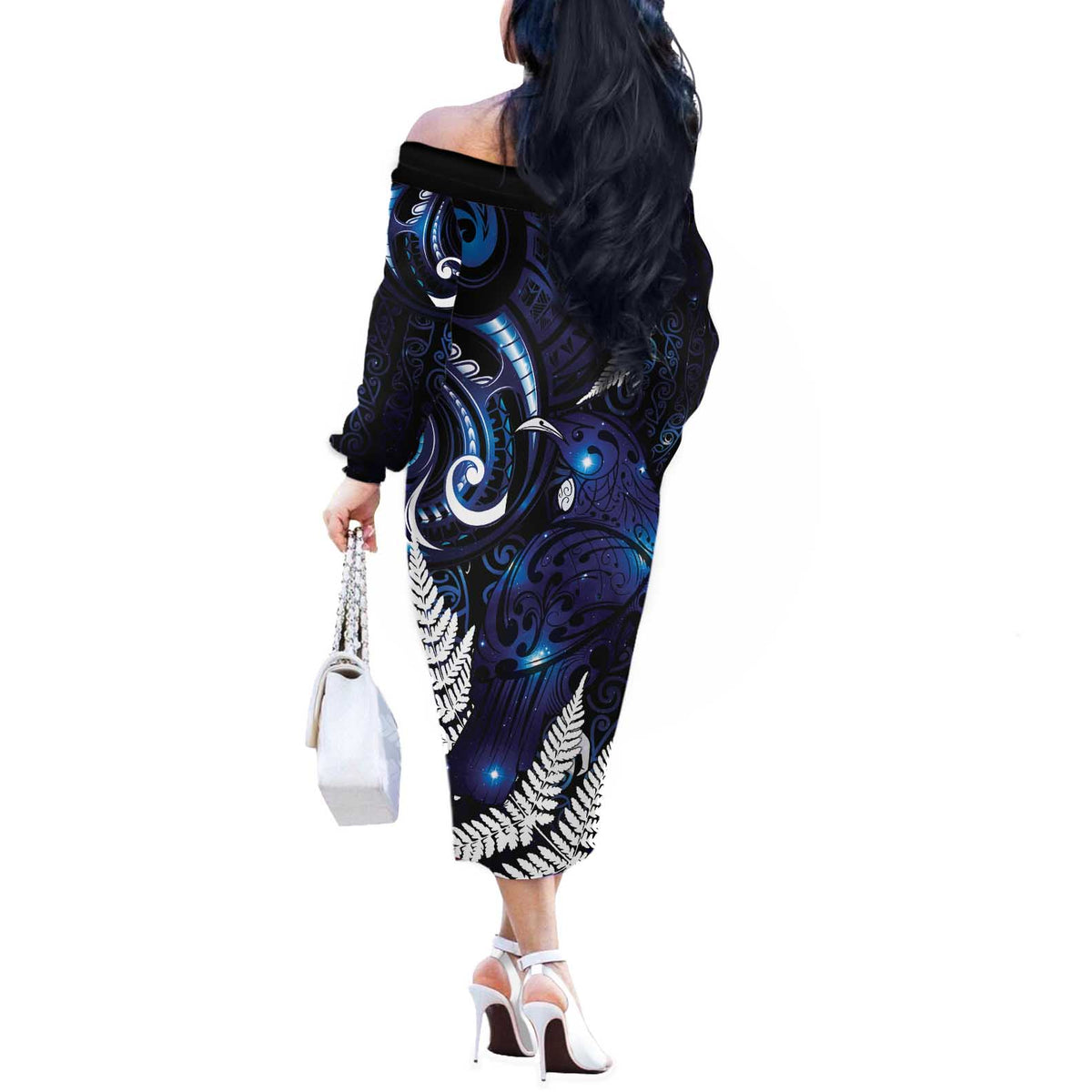 New Zealand Maori Matariki Off The Shoulder Long Sleeve Dress Tui Bird Galaxy LT7 - Polynesian Pride