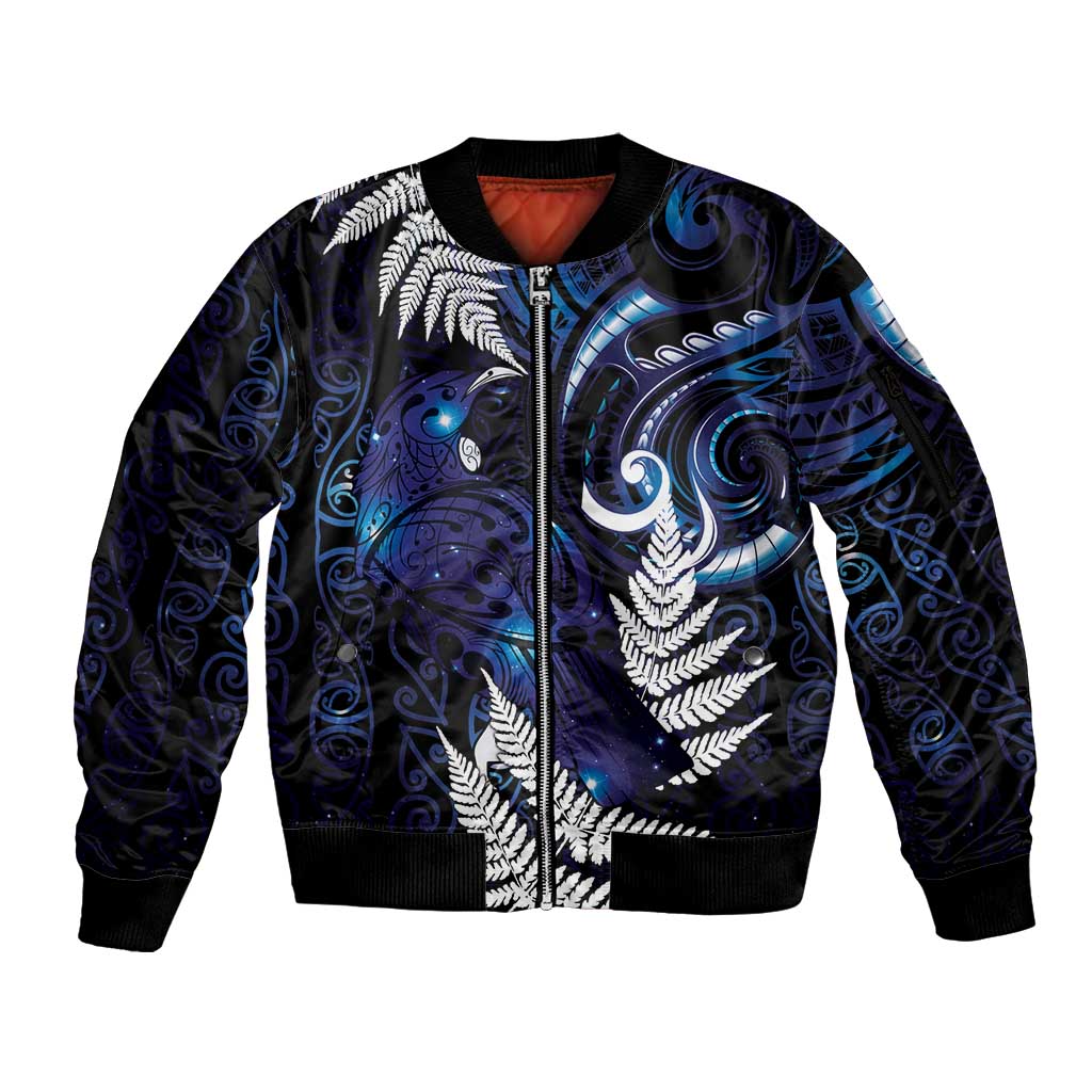 New Zealand Maori Matariki Sleeve Zip Bomber Jacket Tui Bird Galaxy