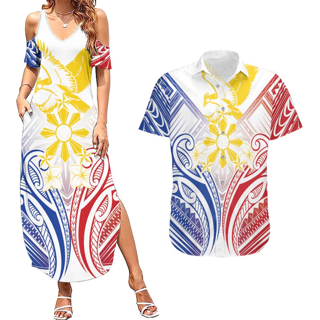Philippines Tribal Sun Personalized Couples Matching Summer Maxi Dress and Hawaiian Shirt Hunting Eagle LT7 White - Polynesian Pride