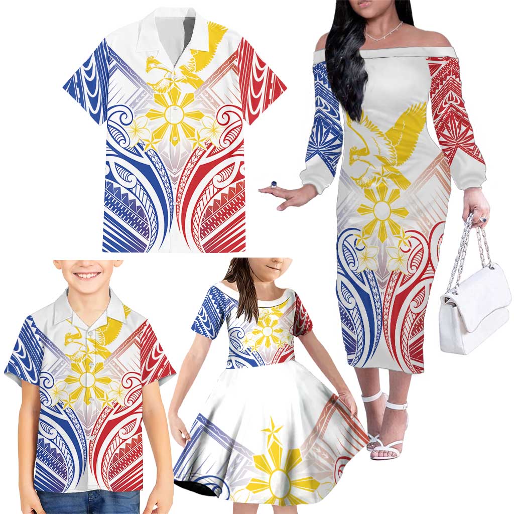 Philippines Tribal Sun Personalized Family Matching Off The Shoulder Long Sleeve Dress and Hawaiian Shirt Hunting Eagle LT7 - Polynesian Pride