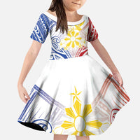 Philippines Tribal Sun Personalized Family Matching Off Shoulder Maxi Dress and Hawaiian Shirt Hunting Eagle LT7 Daughter's Dress White - Polynesian Pride