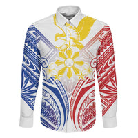 Philippines Tribal Sun Personalized Family Matching Off Shoulder Short Dress and Hawaiian Shirt Hunting Eagle LT7 Dad's Shirt - Long Sleeve White - Polynesian Pride