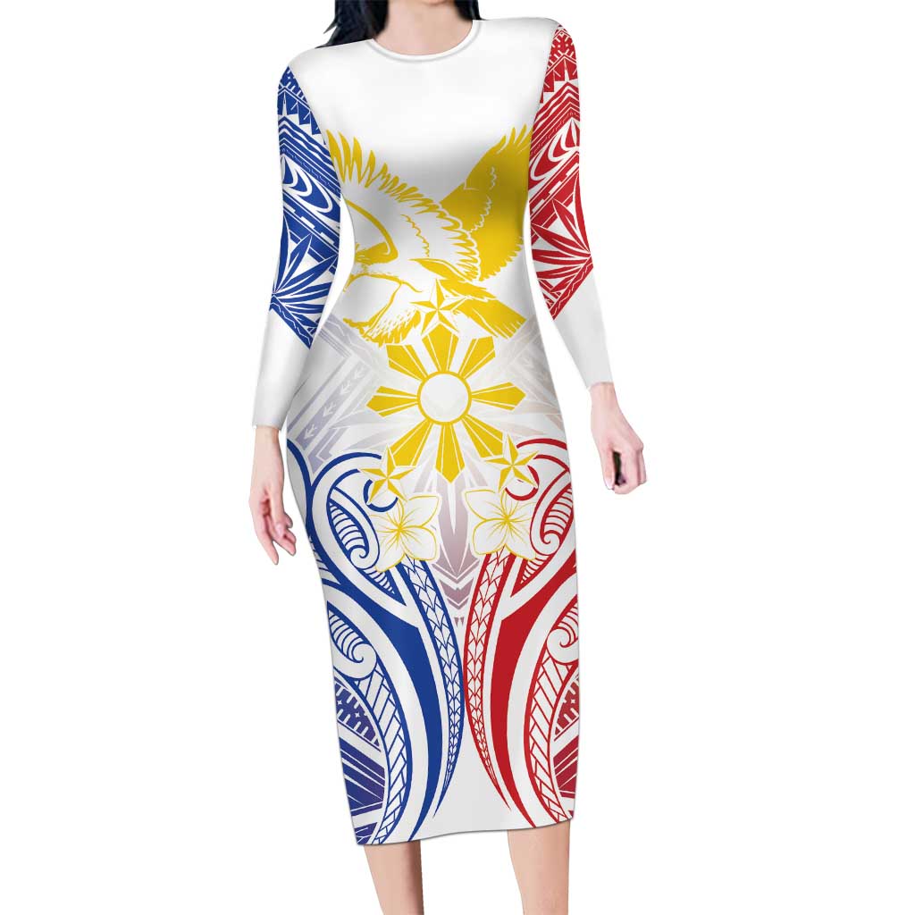 Philippines Tribal Sun Personalized Long Sleeve Bodycon Dress Hunting Eagle LT7 Long Dress White - Polynesian Pride