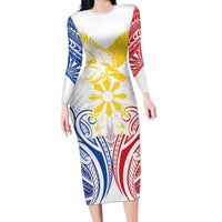 Philippines Tribal Sun Personalized Long Sleeve Bodycon Dress Hunting Eagle LT7 Long Dress White - Polynesian Pride