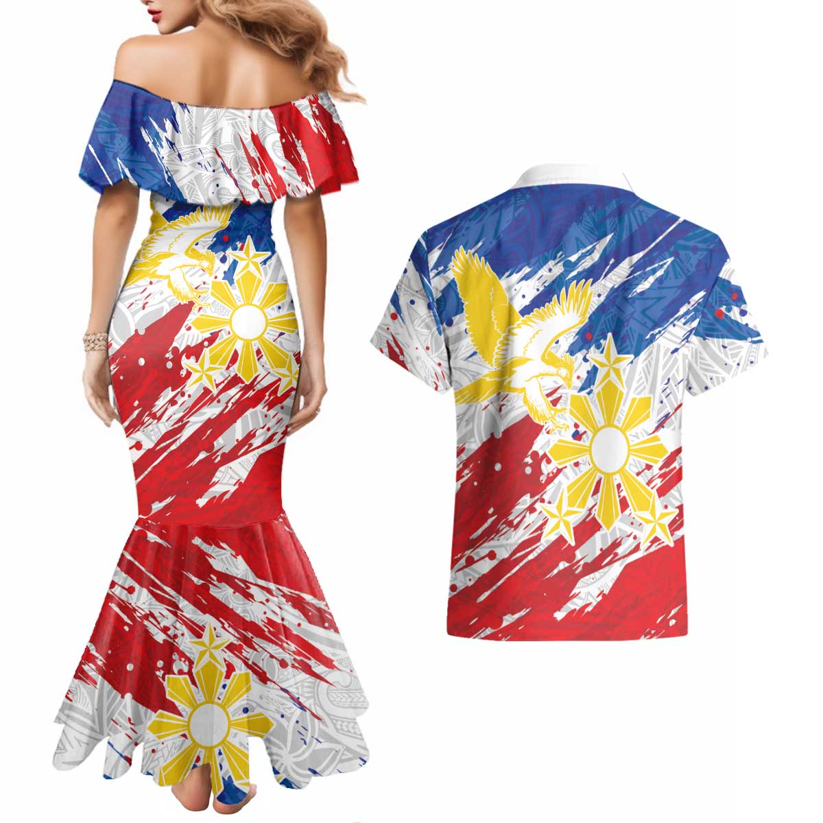 Personalized Filipino Sun and Stars Couples Matching Mermaid Dress and Hawaiian Shirt Grunge Vibes LT7 - Polynesian Pride