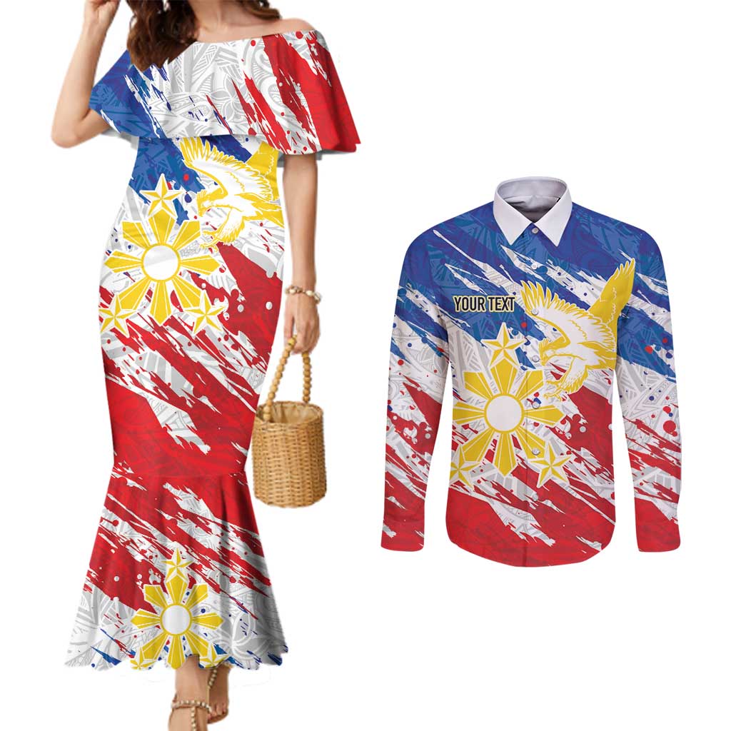 Personalized Filipino Sun and Stars Couples Matching Mermaid Dress and Long Sleeve Button Shirt Grunge Vibes LT7 White - Polynesian Pride