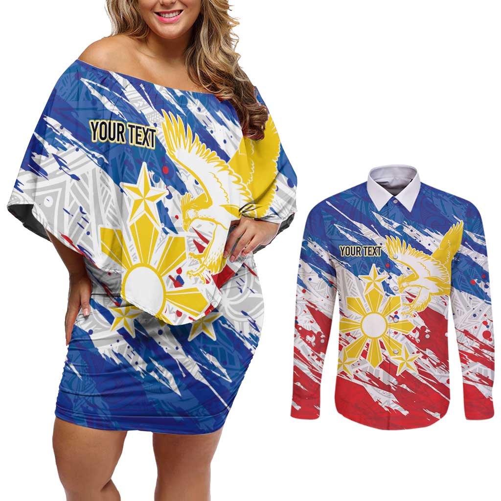 Personalized Filipino Sun and Stars Couples Matching Off Shoulder Short Dress and Long Sleeve Button Shirt Grunge Vibes LT7 White - Polynesian Pride