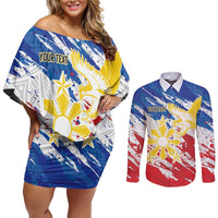 Personalized Filipino Sun and Stars Couples Matching Off Shoulder Short Dress and Long Sleeve Button Shirt Grunge Vibes LT7 White - Polynesian Pride