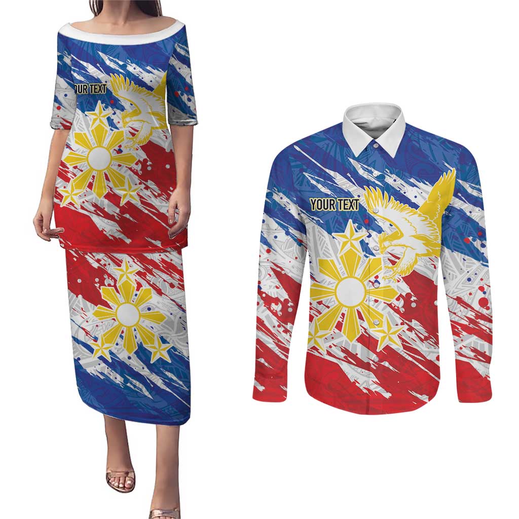 Personalized Filipino Sun and Stars Couples Matching Puletasi and Long Sleeve Button Shirt Grunge Vibes LT7 White - Polynesian Pride
