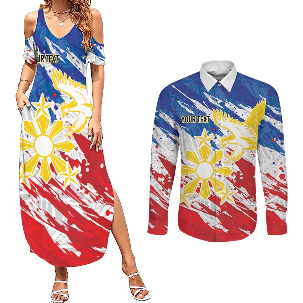 Personalized Filipino Sun and Stars Couples Matching Summer Maxi Dress and Long Sleeve Button Shirt Grunge Vibes LT7 White - Polynesian Pride