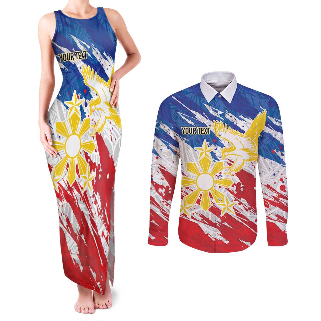 Personalized Filipino Sun and Stars Couples Matching Tank Maxi Dress and Long Sleeve Button Shirt Grunge Vibes LT7 White - Polynesian Pride