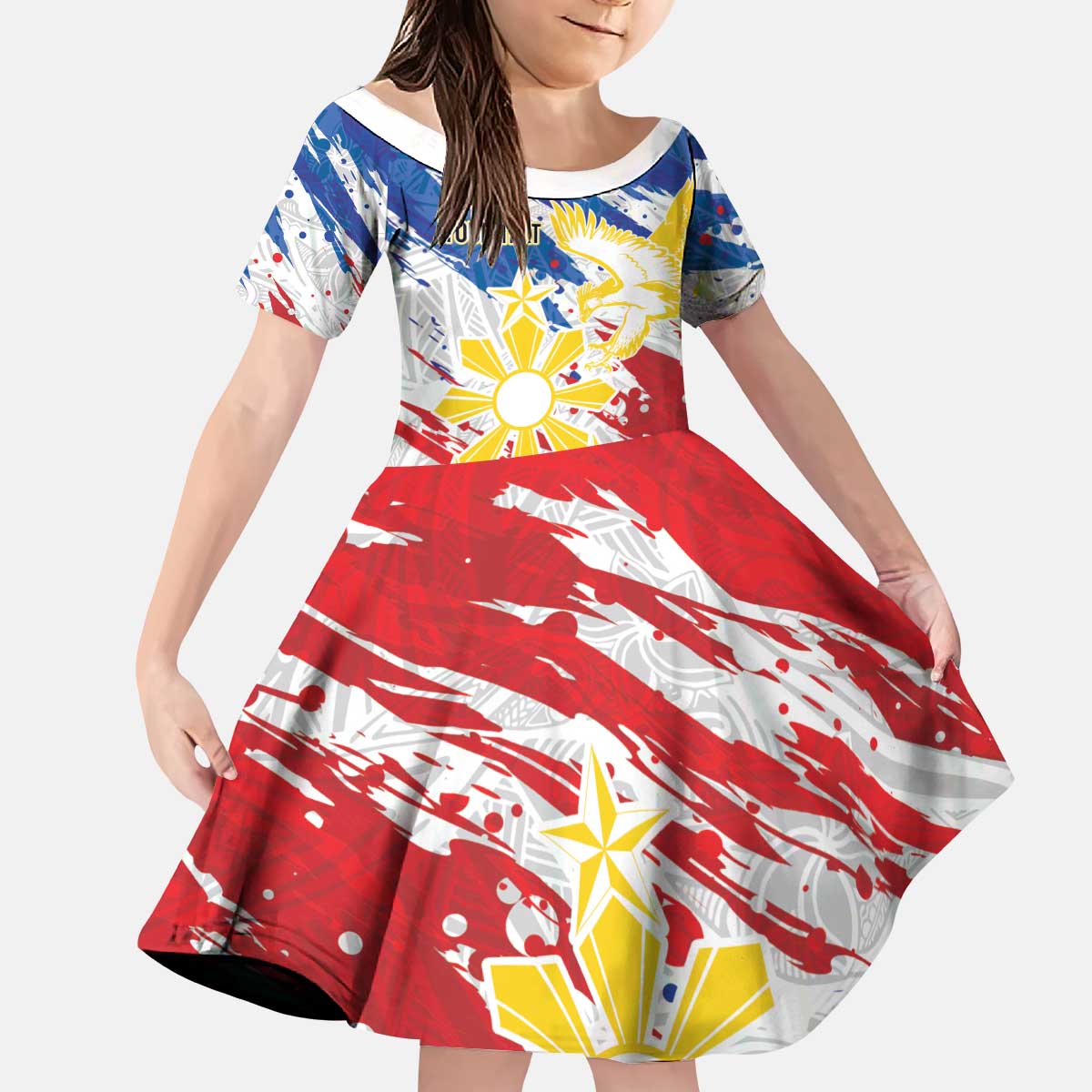 Personalized Filipino Sun and Stars Kid Short Sleeve Dress Grunge Vibes LT7 KID White - Polynesian Pride