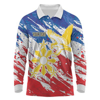 Personalized Filipino Sun and Stars Long Sleeve Polo Shirt Grunge Vibes LT7 White - Polynesian Pride