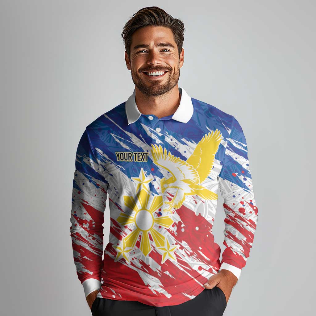 Personalized Filipino Sun and Stars Long Sleeve Polo Shirt Grunge Vibes LT7 - Polynesian Pride