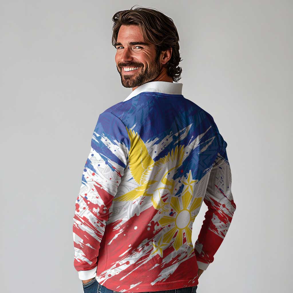 Personalized Filipino Sun and Stars Long Sleeve Polo Shirt Grunge Vibes LT7 - Polynesian Pride