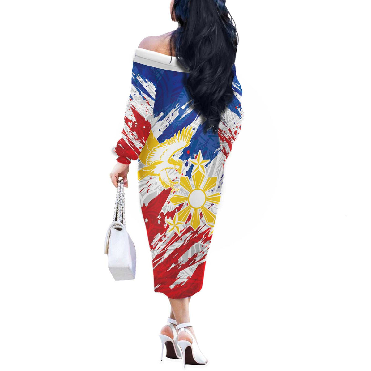 Personalized Filipino Sun and Stars Off The Shoulder Long Sleeve Dress Grunge Vibes