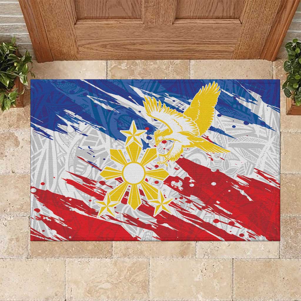Filipino Sun and Stars Rubber Doormat Grunge Vibes LT7 White - Polynesian Pride