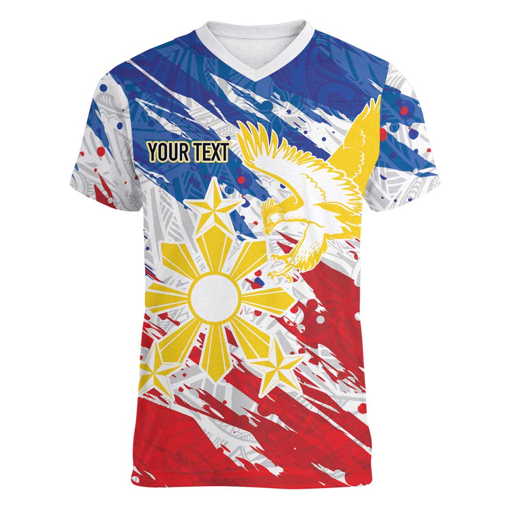 Personalized Filipino Sun and Stars Women V-Neck T-Shirt Grunge Vibes LT7 Female White - Polynesian Pride