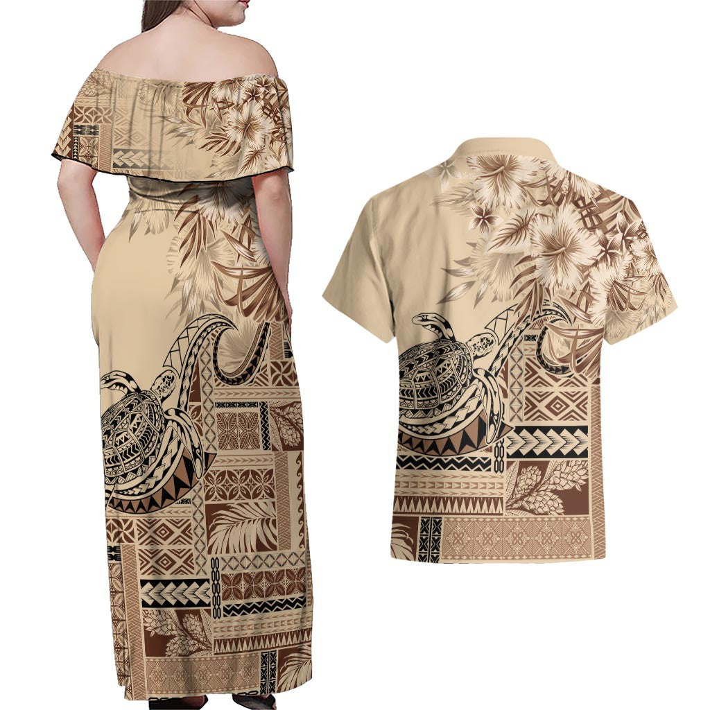Vaiaso o le Gagana Samoa Couples Matching Off Shoulder Maxi Dress and Hawaiian Shirt Siapo Motif Beige